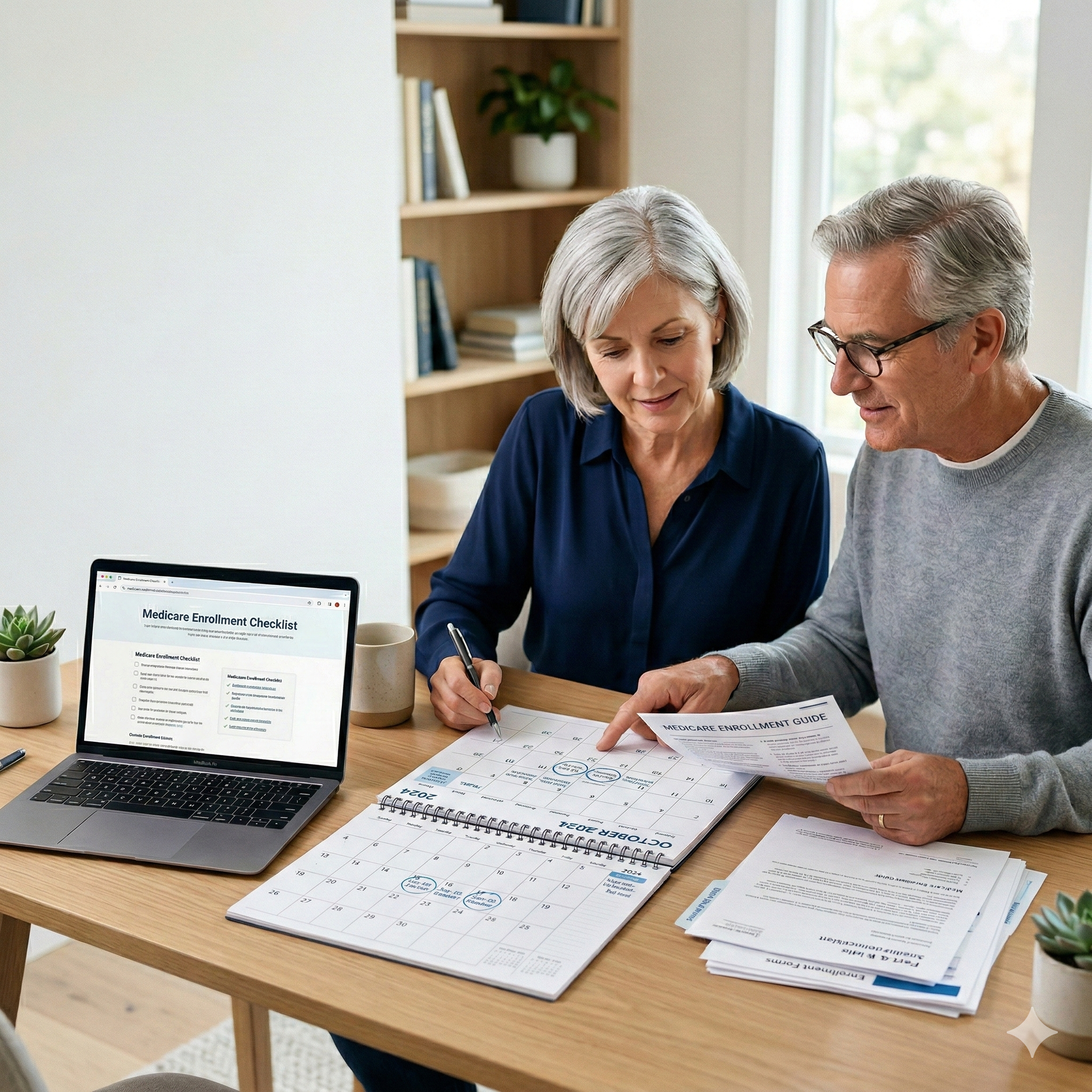 Alt Text Couple reviewing Medicare enrollment timeline and coverage options before turning age 65